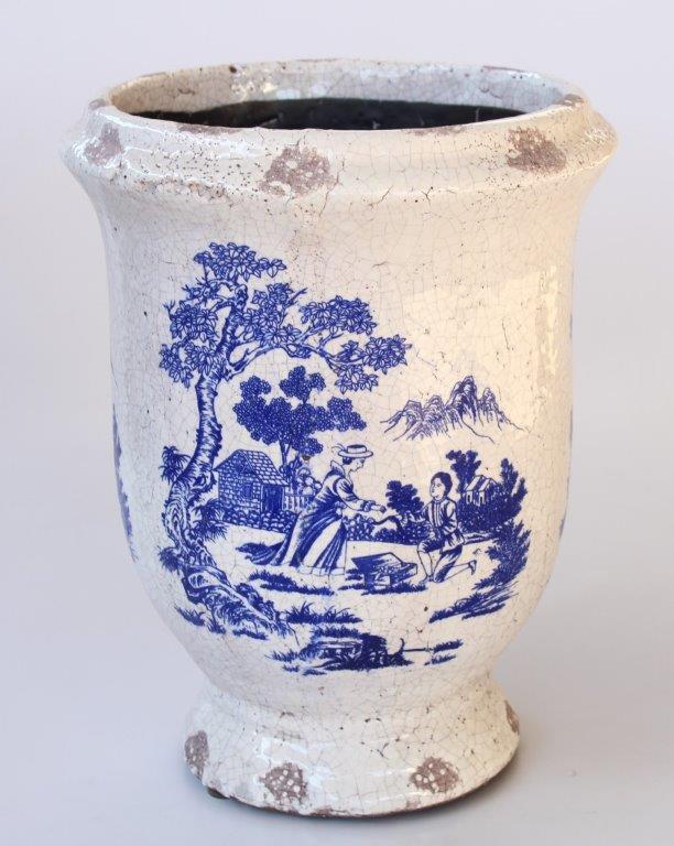 Blue & White Distressed Toile Planter On Foot
